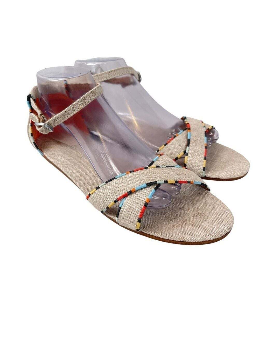 TOMS Correa Burlap Sandals Womens 9.5 Beaded Strappy Neutral Resortwear Casual
